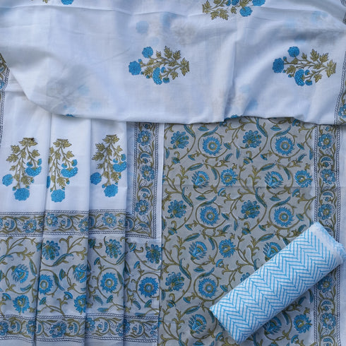 Elegant Hand Block Print Cotton Suit Set with Mulmul Dupatta (PRMUL27)